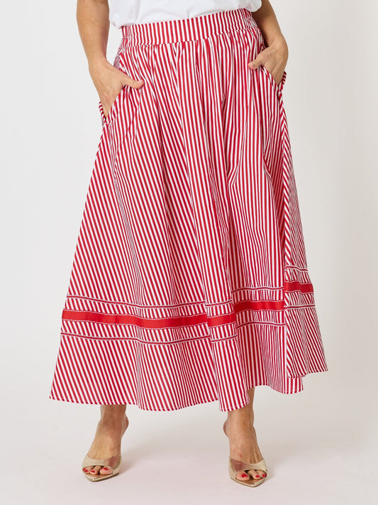 Image of a model wearing Skirts. Product name - Candy Cane Stripe Print Skirt Red/White in Red/White colour by brand - Threadz