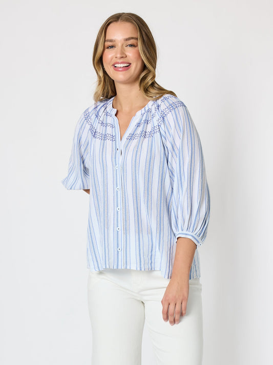 Image of a model wearing Tops. Product name - Seaside Stripe Print Top Blue/White in Blue/White colour by brand - Threadz