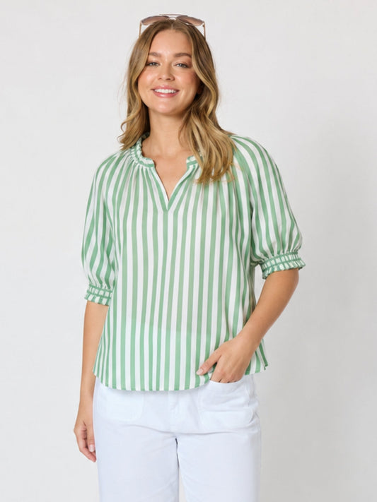 Image of a model wearing Outerwear. Product name - Harlequin Stripe Print Tunic Apple White in Apple White colour by brand - Threadz