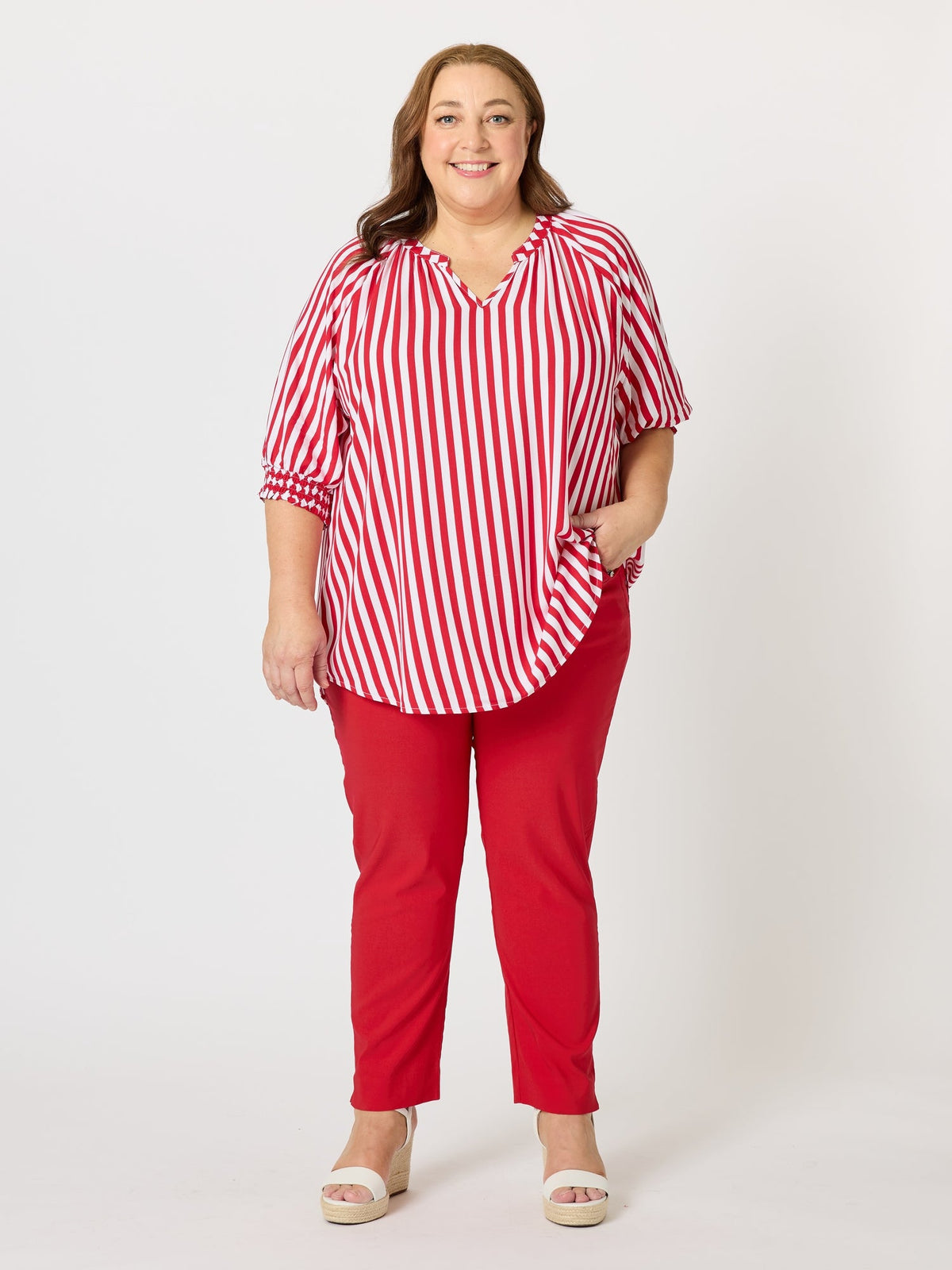 Threadz Harlequin Stripe Print Top (Red White)