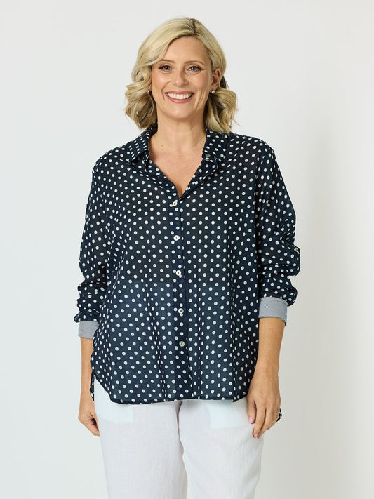 Image of Shirts. Product name - Spotty Cotton Shirt Navy/White in Navy/White colour by brand - Gordon Smith