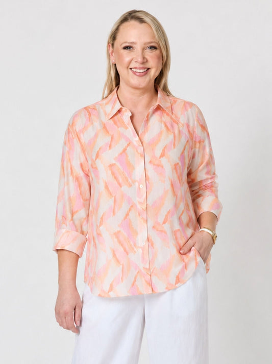 Image of Shirts. Product name - Tuscan Sunset Print Shirt Mandarin Multi in Mandarin Multi colour by brand - Gordon Smith