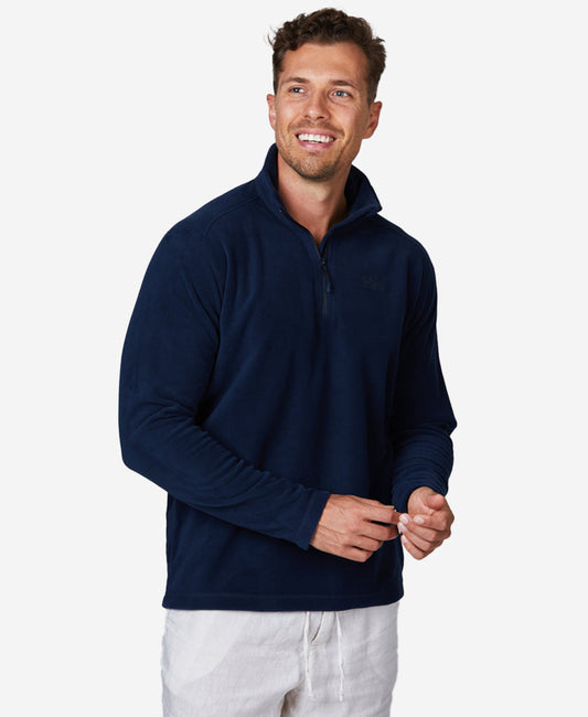 Image of a model wearing Outerwear. Product name - DAYBREAKER 1/2 ZIP FLEECE, 600 Navy in Navy colour by brand - Helly Hansen