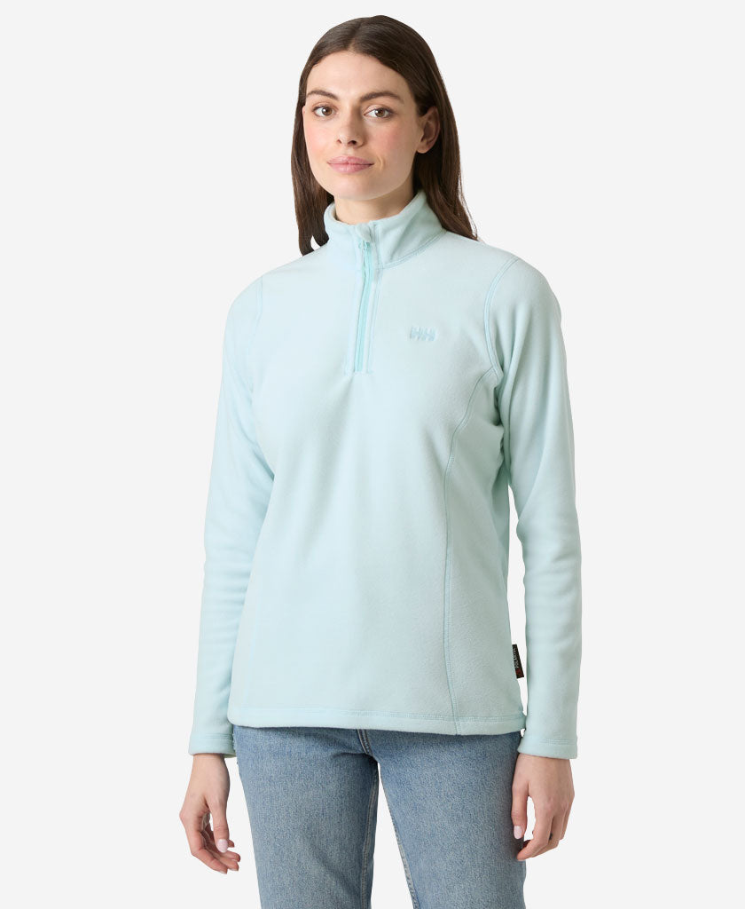Image of a model wearing Outerwear. Product name - W DAYBREAKER 1/2 ZIP FLEECE, Barely Blue in Barely Blue colour by brand - Helly Hansen