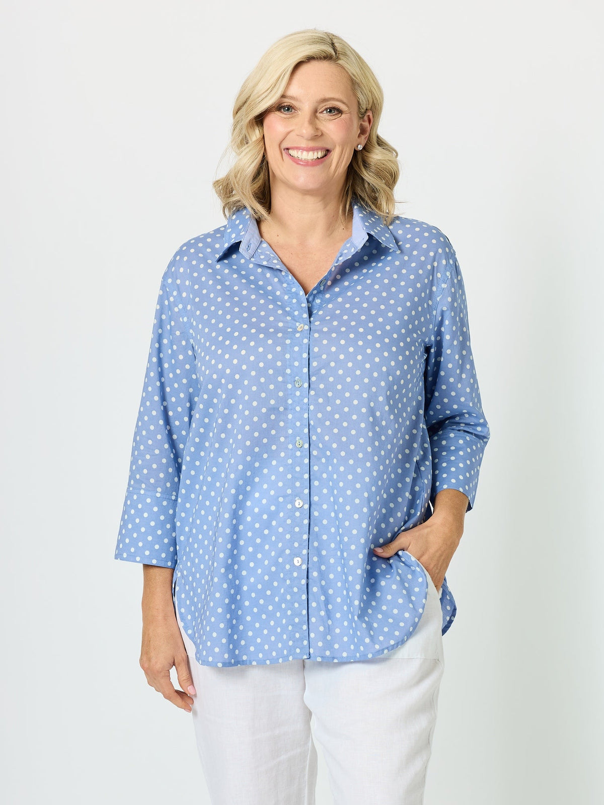 Image of Shirts. Product name - Summer Spot Print Cotton Shirt Blue in Blue colour by brand - Gordon Smith