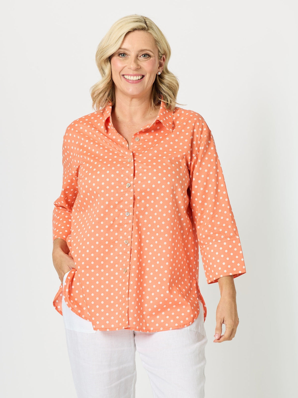Image of Shirts. Product name - Summer Spot Print Cotton Shirt Orange in Orange colour by brand - Gordon Smith