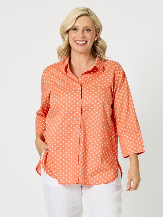 Image of Shirts. Product name - Summer Spot Print Cotton Shirt Orange in Orange colour by brand - Gordon Smith