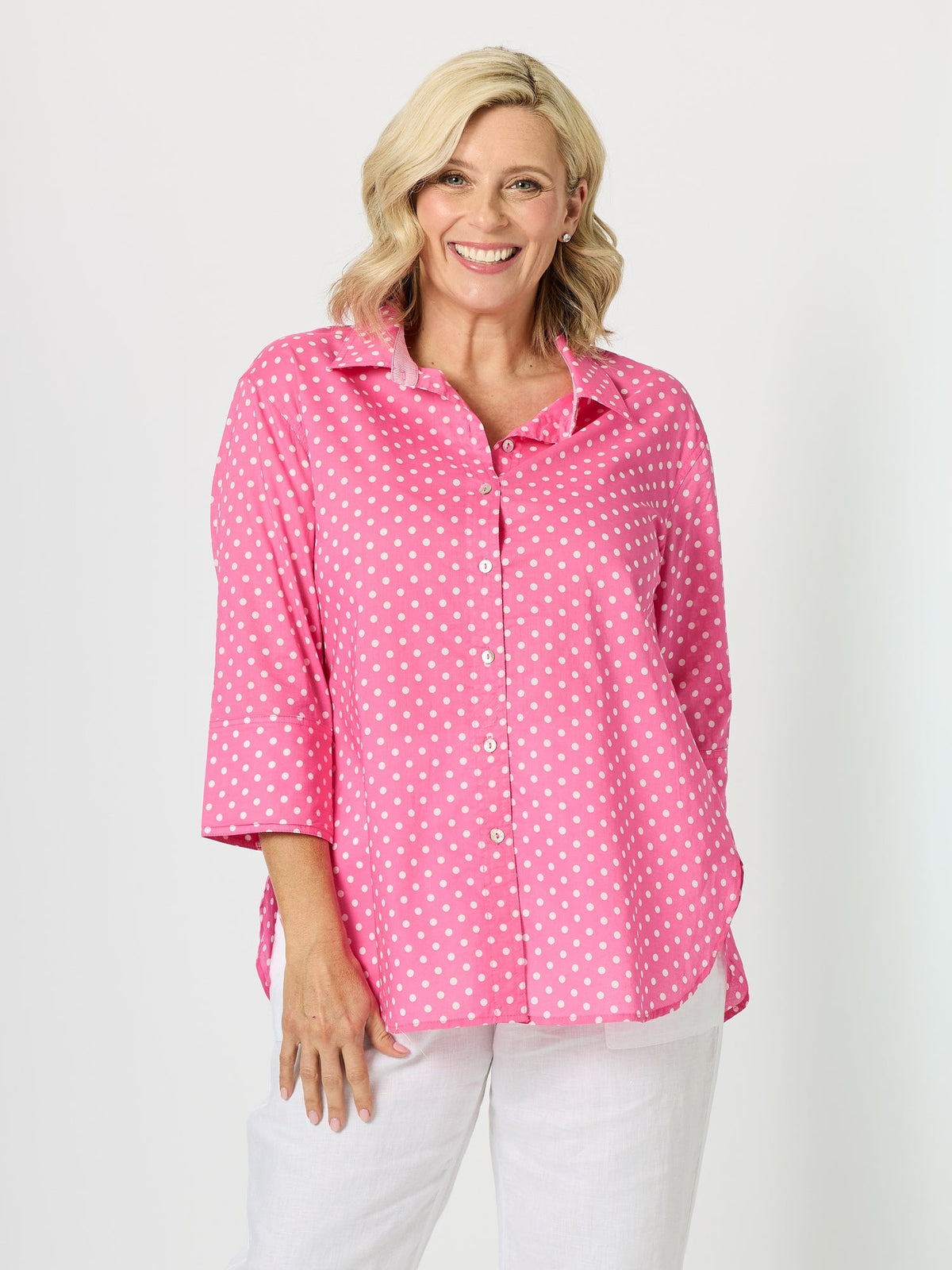 Image of Shirts. Product name - Summer Spot Print Cotton Shirt Pink in Pink colour by brand - Gordon Smith