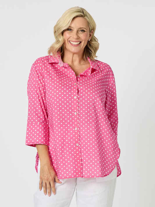 Image of Shirts. Product name - Summer Spot Print Cotton Shirt Pink in Pink colour by brand - Gordon Smith