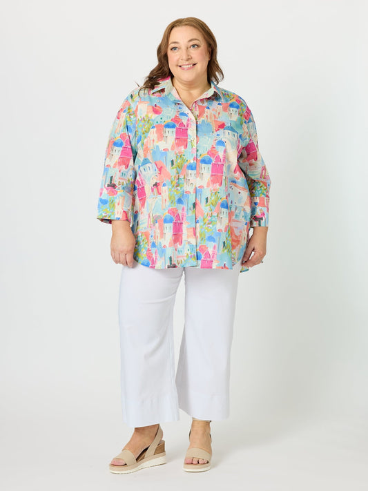 Gordon Smith Santorini Landscape Print Cotton Shirt (Multi)