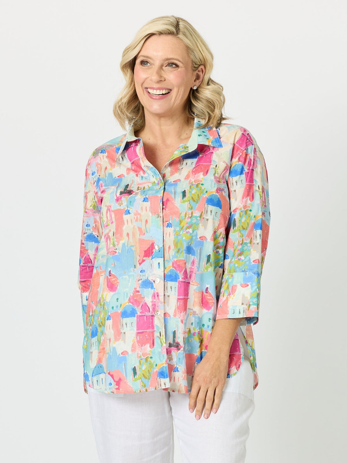 Image of Shirts. Product name - Santorini Landscape Print Cotton Shirt Multi in Multi colour by brand - Gordon Smith