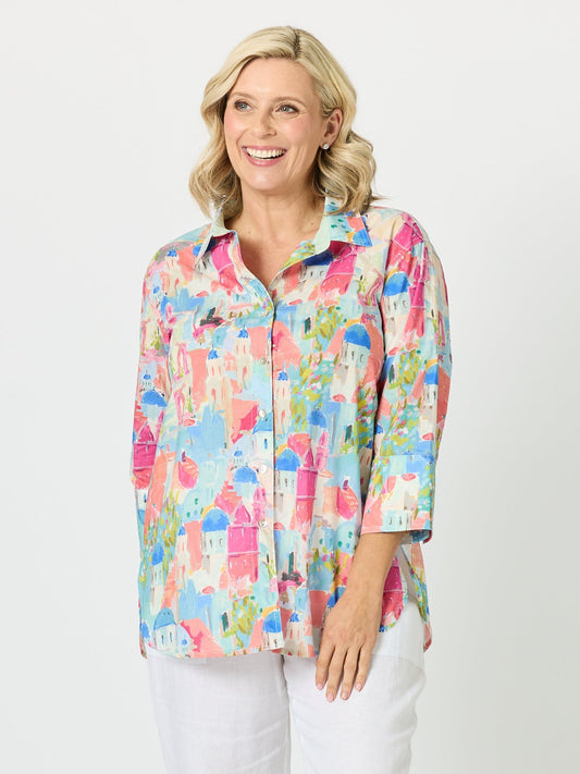 Image of Shirts. Product name - Santorini Landscape Print Cotton Shirt Multi in Multi colour by brand - Gordon Smith