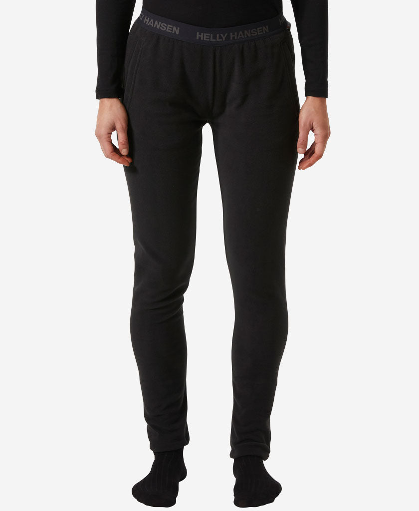 Image of a model wearing Pants. Product name - W DAYBREAKER FLEECE PANT, 991 Black in Black colour by brand - Helly Hansen