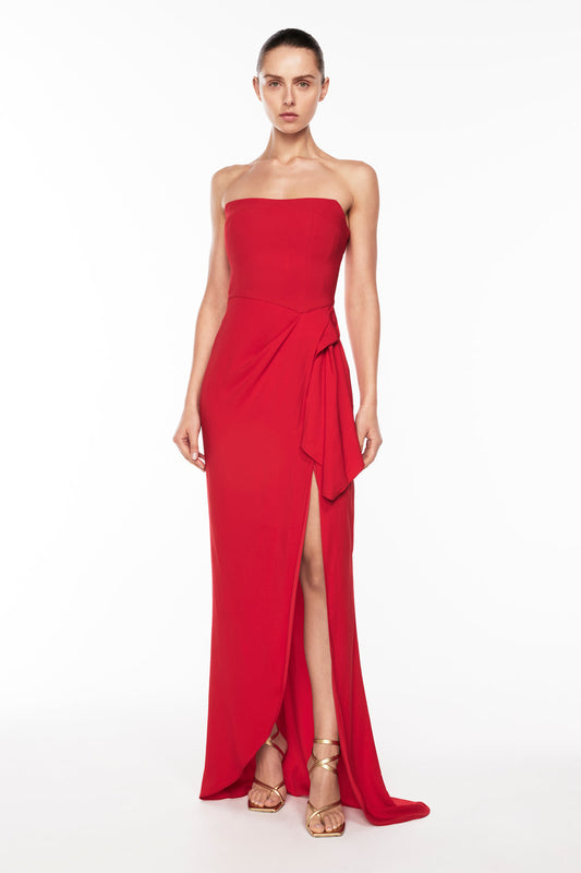 Image of Dresses. Productname: Asymmetrical Games Strapless Gown in Scarlet colour by brand - Manning Cartell