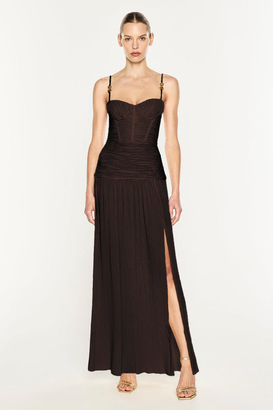 Image of Dresses. Product name - Double Time Pleat Dress in Dark Chocolate colour by brand - MANNING CARTELL