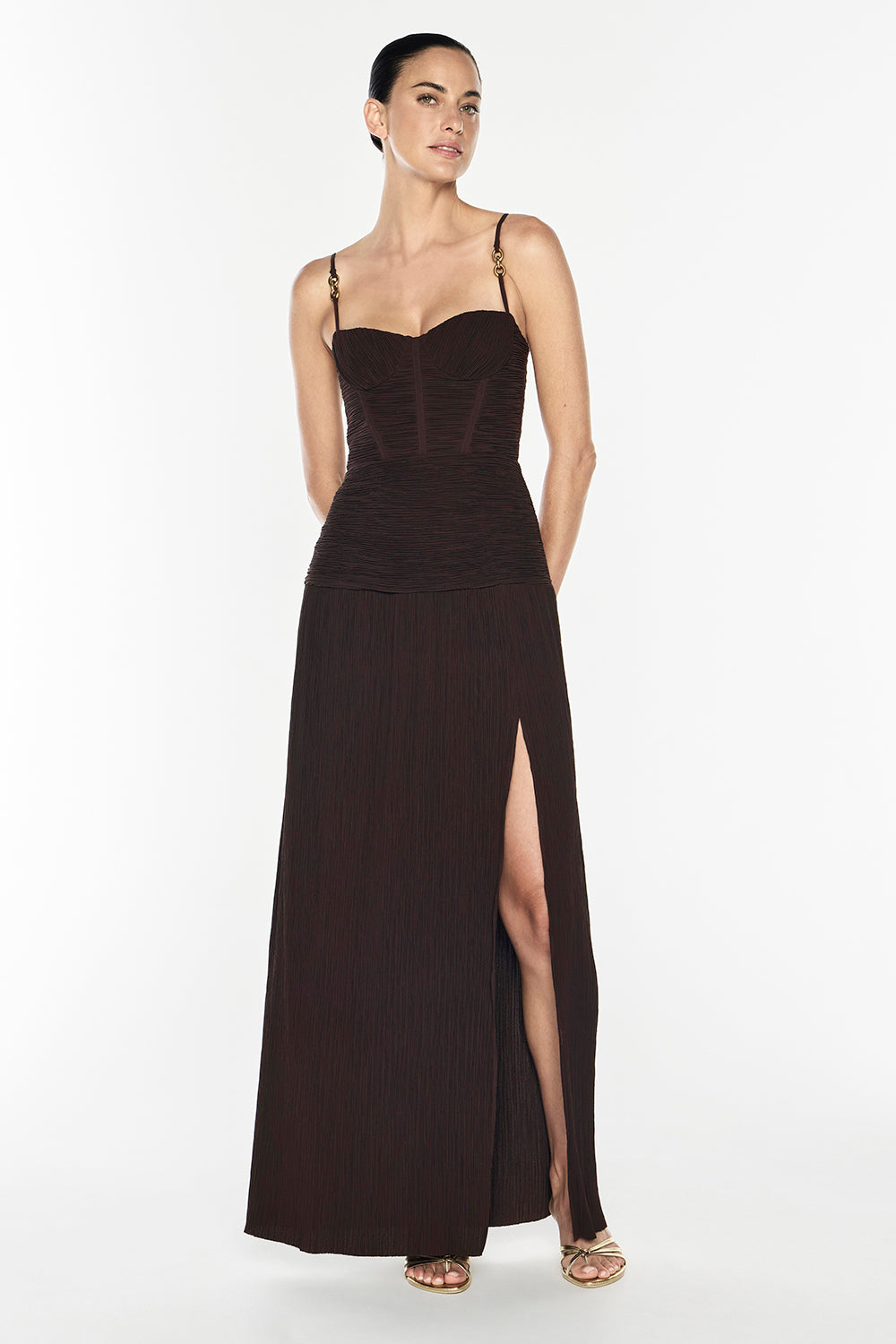 Image of Dresses. Productname: Double Time Pleat Dress in Dark Chocolate colour by brand - Manning Cartell