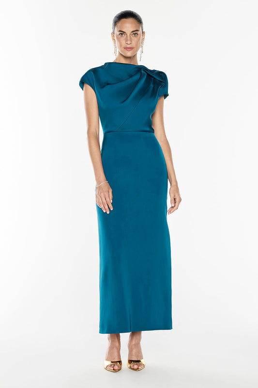 Image of Dresses. Productname: Grand Illusion Maxi Gown in Peacock colour by brand - Manning Cartell