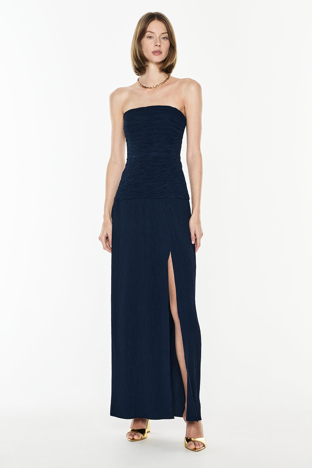Double Time Pleat Strapless Dress (Navy)