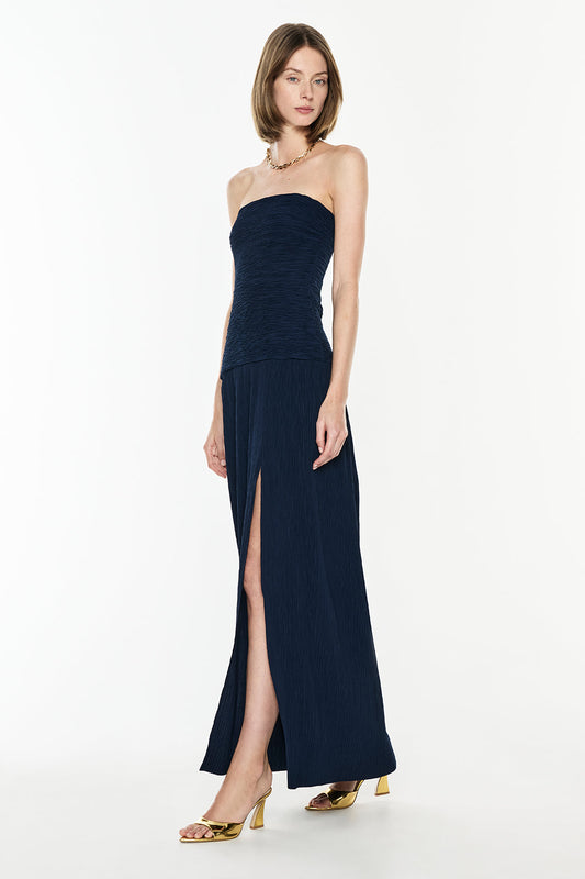 Image of Dresses. Productname: Double Time Pleat Strapless Dress in Navy colour by brand - Manning Cartell