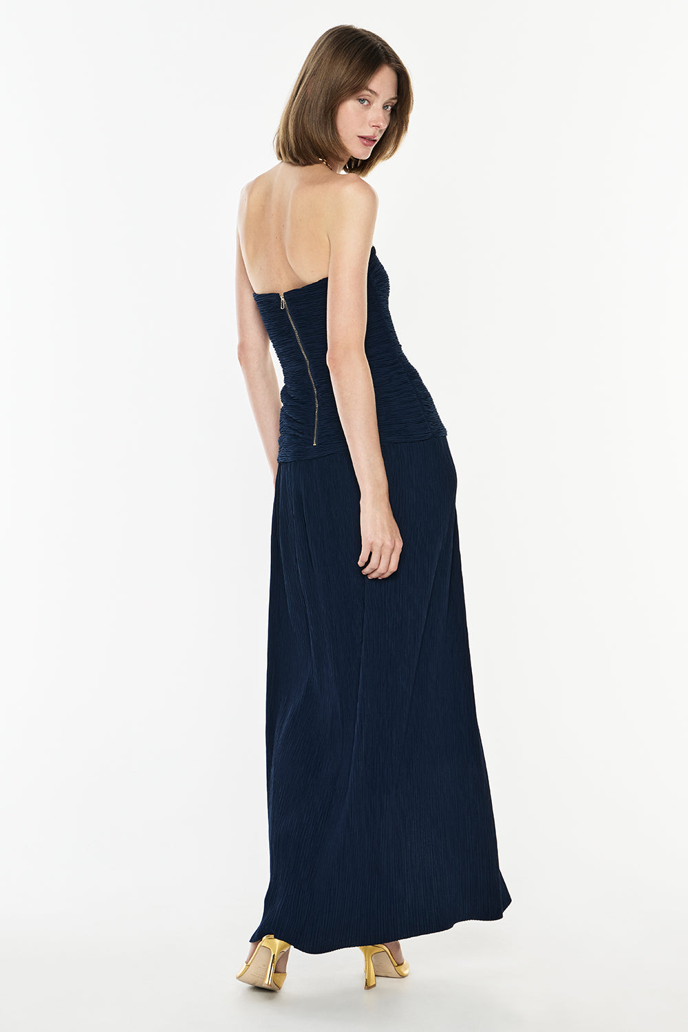 Double Time Pleat Strapless Dress (Navy)