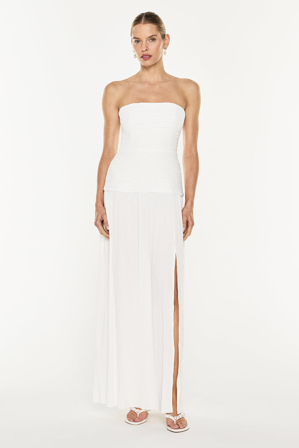 Double Time Pleat Strapless Dress (White)