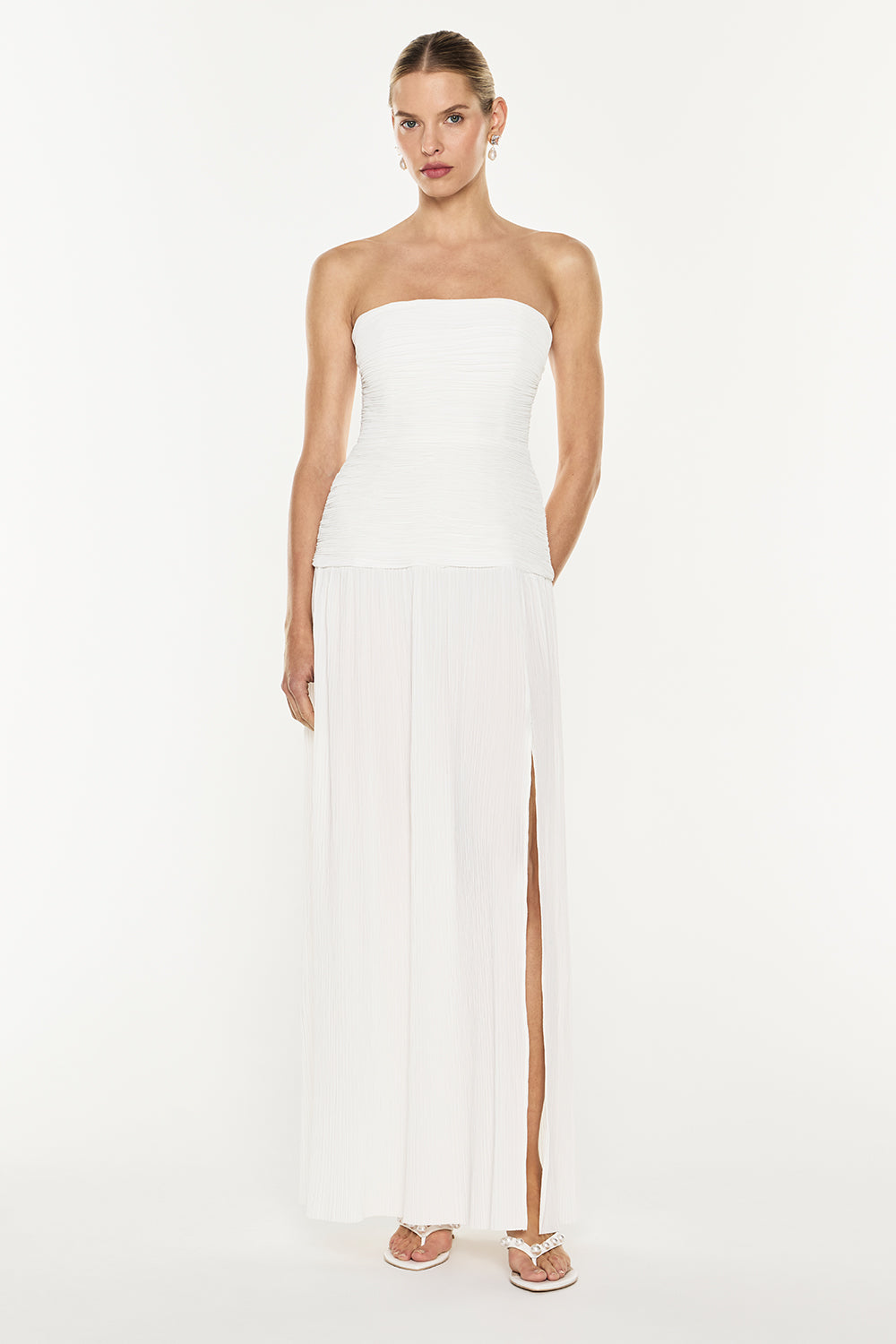 Image of Dresses. Productname: Double Time Pleat Strapless Dress in White colour by brand - Manning Cartell