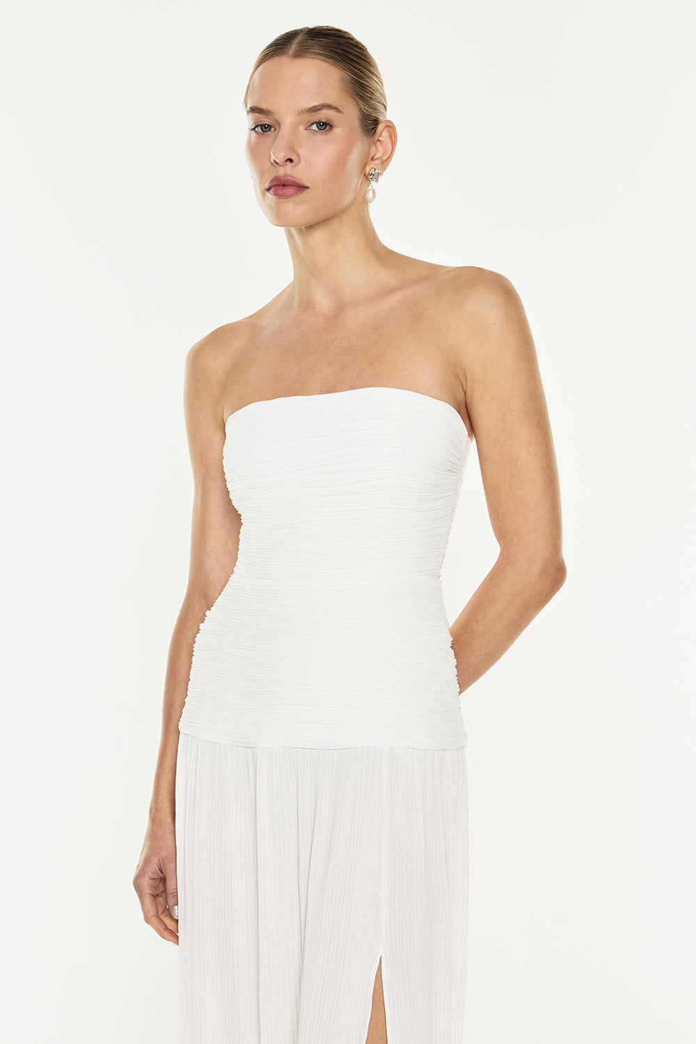 Double Time Pleat Strapless Dress (White)
