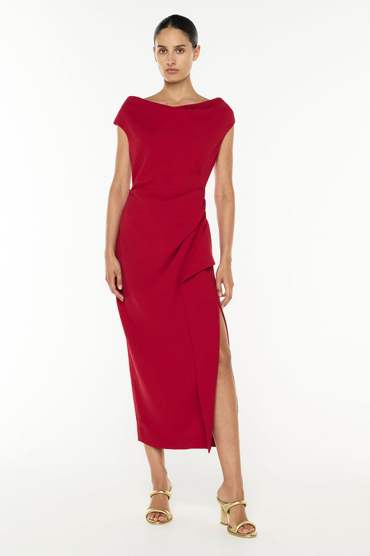 Image of Dresses. Productname: New Romantics Drape Dress in Ruby Red colour by brand - Manning Cartell