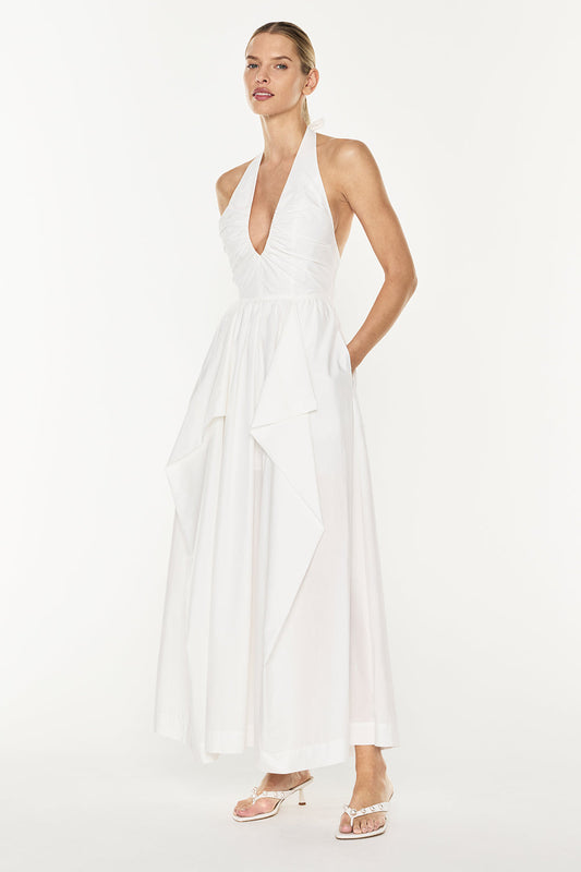 Image of a model wearing Tops. Productname: Provence Halter Dress in White colour by brand - Manning Cartell