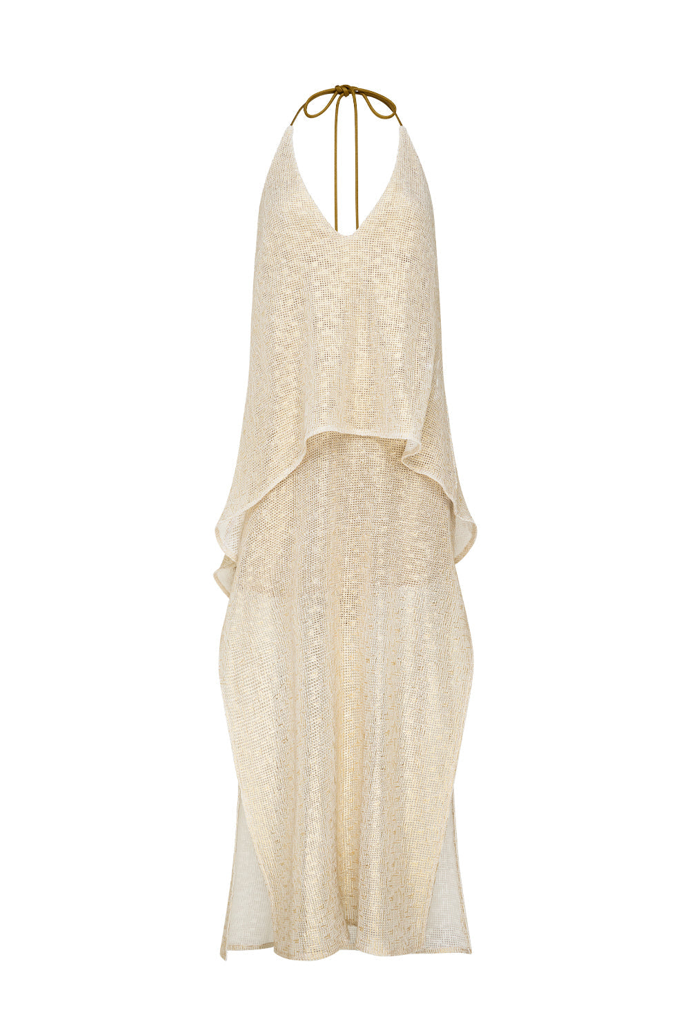 Image of a model wearing Tops. Productname: Illuminated Halter Dress in Gold colour by brand - Manning Cartell