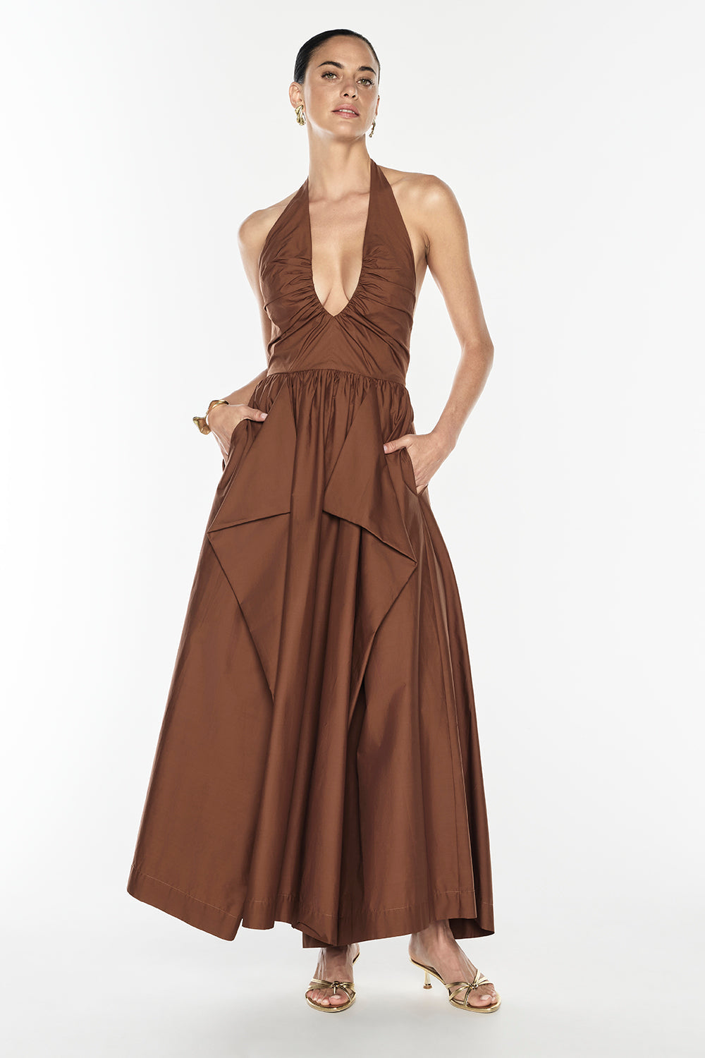 Image of a model wearing Tops. Productname: Provence Halter Dress in Cognac colour by brand - Manning Cartell