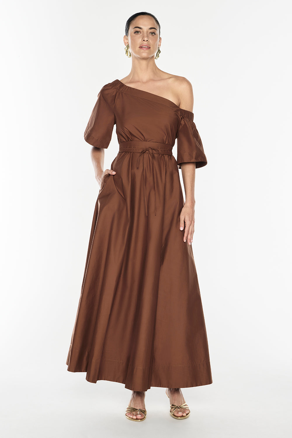 Image of Dresses. Productname: Provence Off Shoulder Dress in Cognac colour by brand - Manning Cartell