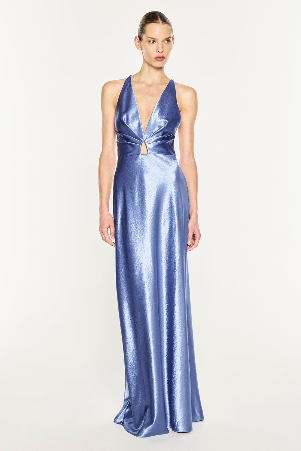 High Gloss Plunge Neck Slip Dress (Cornflower Blue)