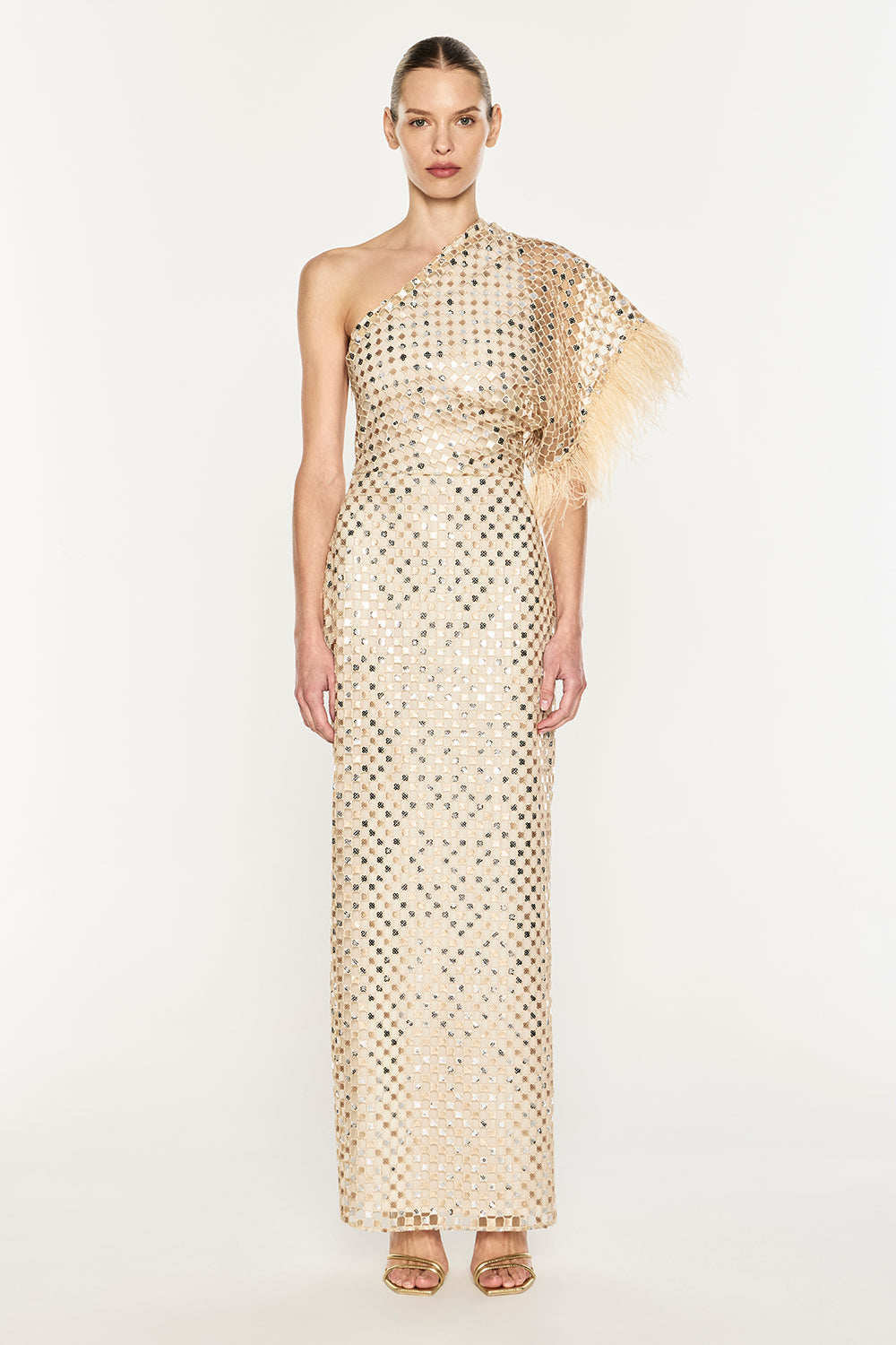 Image of Dresses. Product name - Checkerboard Sequin Gown in Nougat colour by brand - MANNING CARTELL