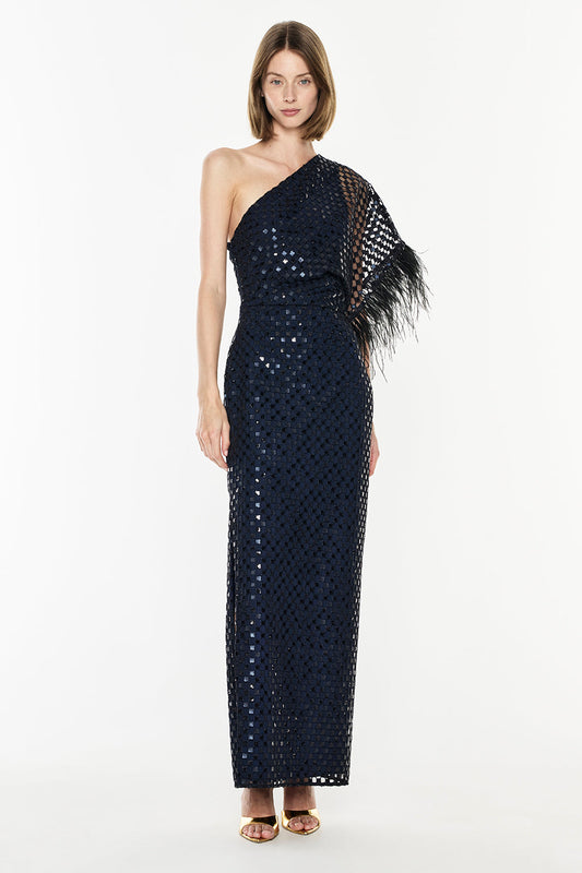 Image of Dresses. Productname: Checkerboard Sequin Gown in Midnight Navy colour by brand - Manning Cartell