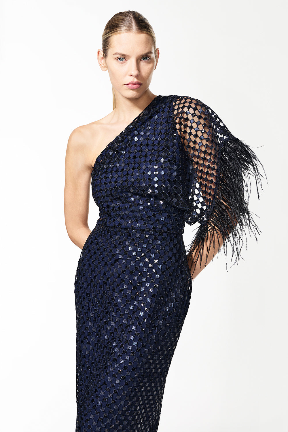 Image of Dresses. Productname: Checkerboard Sequin Gown in Midnight Navy colour by brand - Manning Cartell