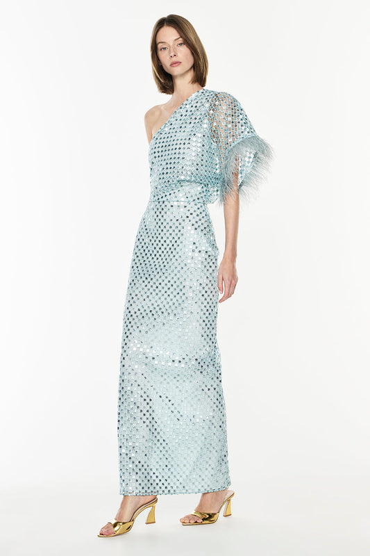 Image of Dresses. Productname: Checkerboard Sequin Gown in Minted Sage colour by brand - Manning Cartell