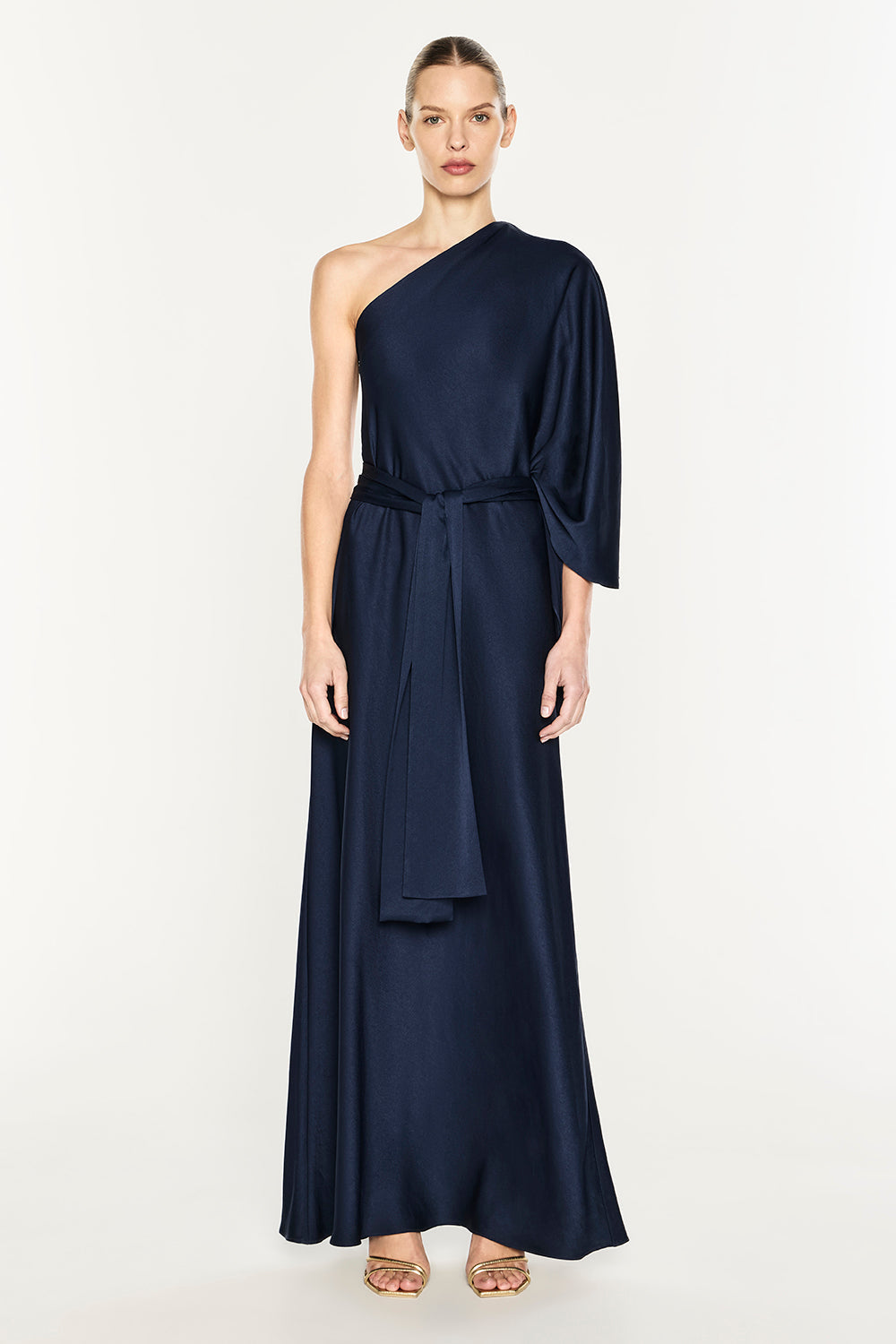 Image of Dresses. Product name - Twilights Kiss One Shoulder Gown in Midnight Navy colour by brand - MANNING CARTELL