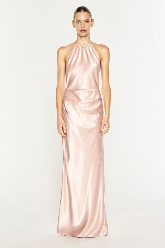Image of Dresses. Product name - High Gloss Backless Racer Gown in Rosewater colour by brand - MANNING CARTELL