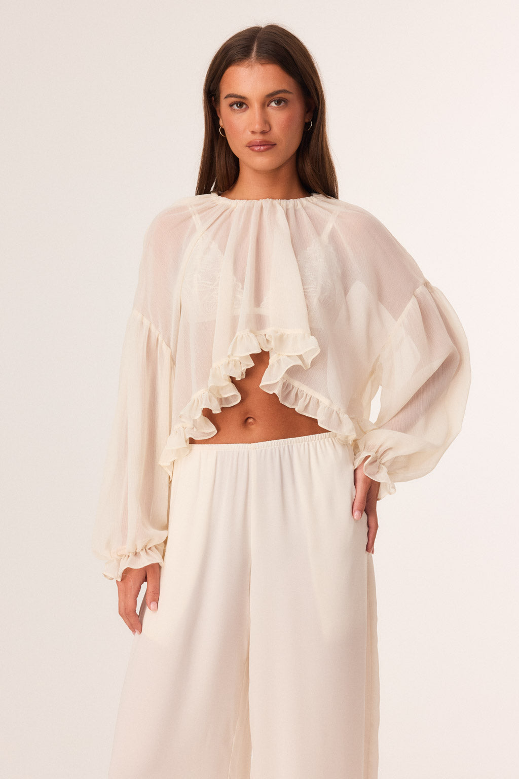 Image of a model wearing Outerwear. Productname: SNDYS LAURIE LONG SLEEVE TOP in Off White colour by brand - SNDYS