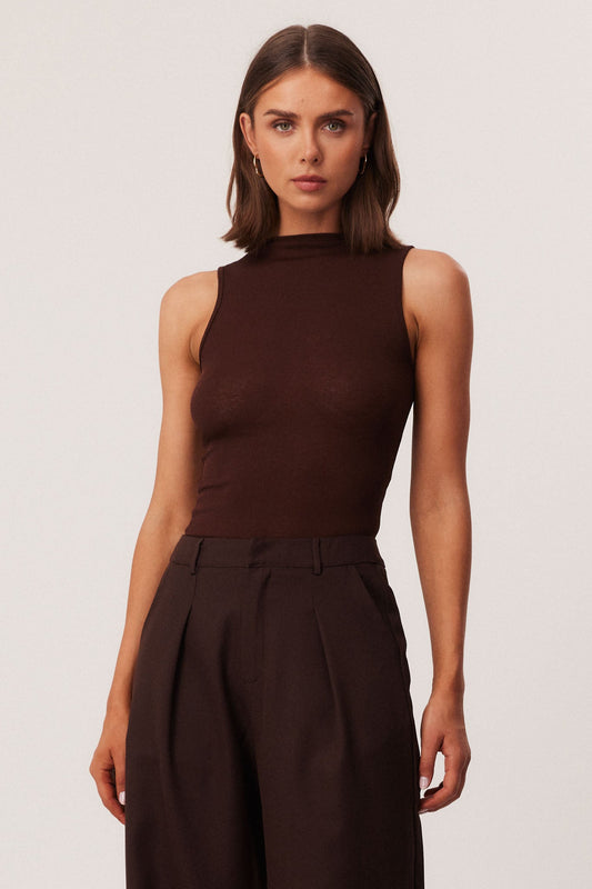 Image of a model wearing Tops. Productname: SNDYS KATYA SLEEVELESS TOP in Chocolate colour by brand - SNDYS