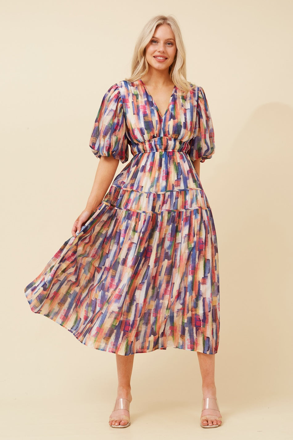 Image of Dresses. Product name - ANUSHKA PUFF SLEEVE MIDI DRESS in Multi Navy colour by brand - Caroline Morgan Australia