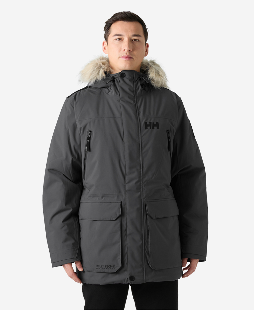 Image of a model wearing Outerwear. Product name - REINE PARKA, Thunder Grey in Thunder Grey colour by brand - Helly Hansen