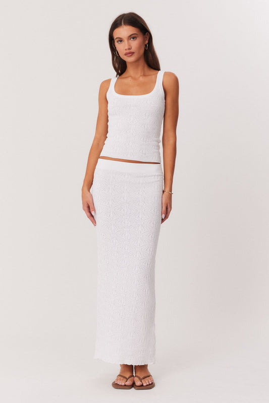 Image of a model wearing Skirts. Productname: SNDYS JOSEFINA MAXI SKIRT in White colour by brand - SNDYS