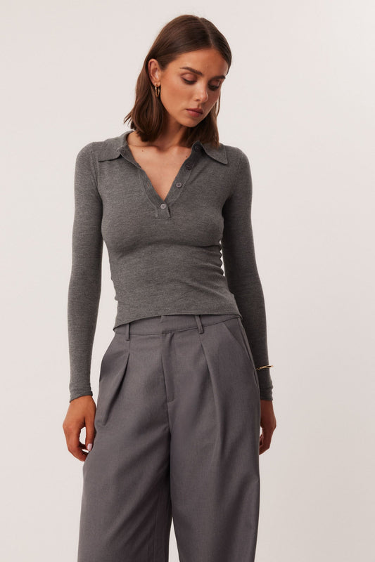 Image of a model wearing Tops. Productname: SNDYS VEDA LONG SLEEVE TOP in Charcoal colour by brand - SNDYS