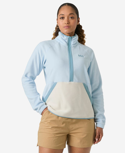 Image of a model wearing Outerwear. Product name - W RIG FLEECE 1/2 ZIP, Pinnacle Blue in Pinnacle Blue colour by brand - Helly Hansen