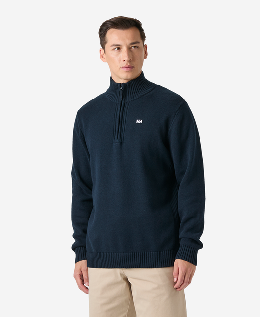 Image of a model wearing Outerwear. Product name - SMOEGEN 1/2 ZIP SWEATER, Navy in Navy colour by brand - Helly Hansen