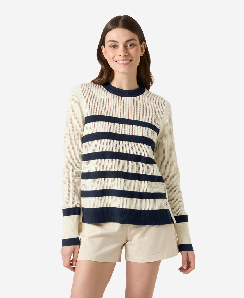 Image of a model wearing Outerwear. Product name - W SALT KNIT SWEATER, Navy / Cream Stripe in Navy / Cream Stripe colour by brand - Helly Hansen