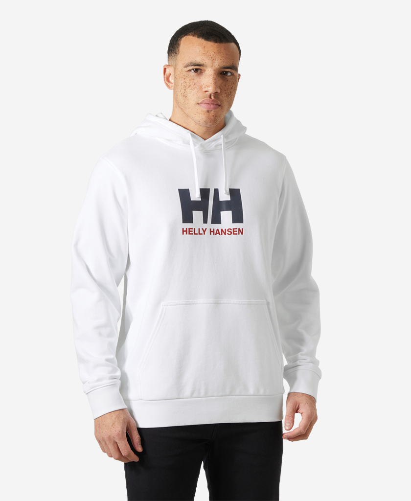 Image of a model wearing Outerwear. Product name - HH LOGO HOODIE, White in White colour by brand - Helly Hansen