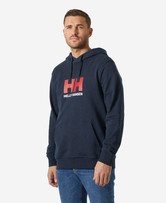 Image of a model wearing Outerwear. Product name - HH LOGO HOODIE, Navy in Navy colour by brand - Helly Hansen